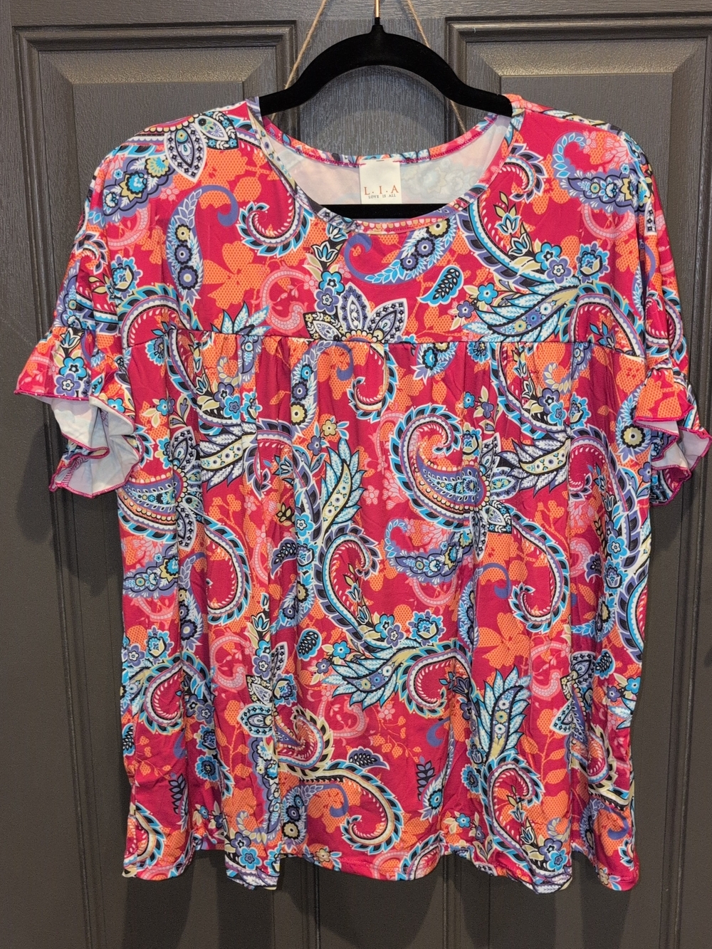 Oversized Small Short Sleeve Paisley Flutter Top - Pink/Blue